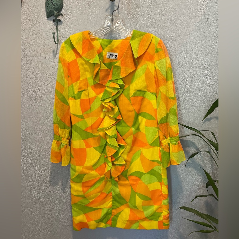 Vintage Mr. Bob of California Color Pop Ruffle Front Midi Dress - Picture 1 of 11